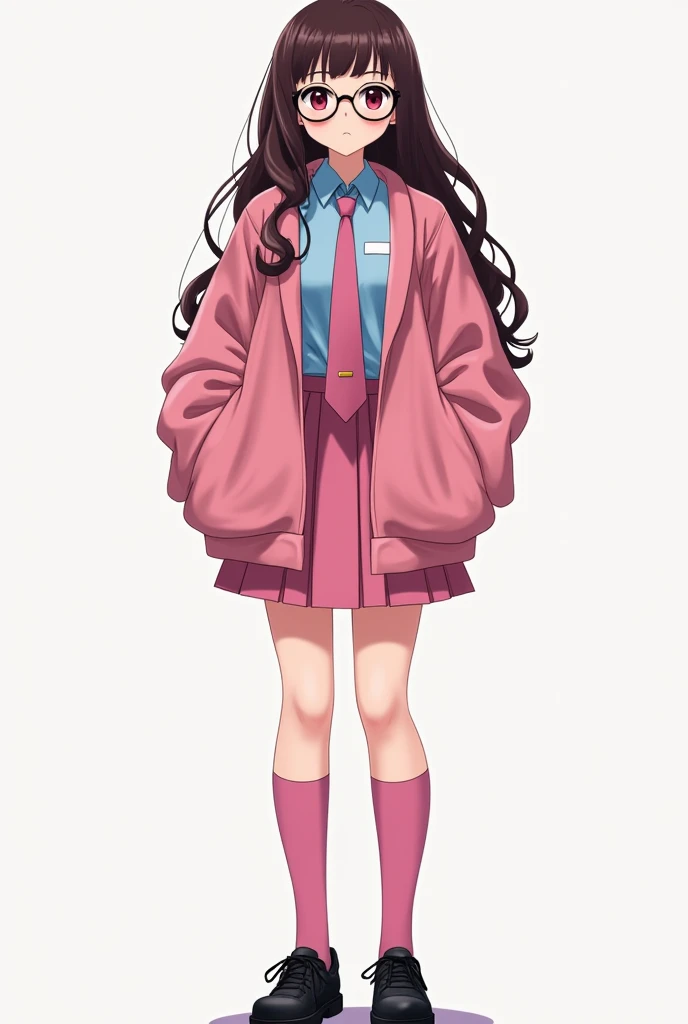 Short schoolgirl wearing a blue shirt, pink oversized jacket and a pink skirt, black light school shoes, pink tie, above-knee pink socks, long curly brown hair, pink eyes, round glasses, fat thighs and waist, big chest 