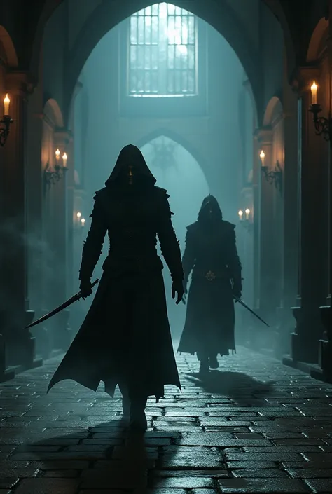 An assassin emerges from the shadows after a wizard.