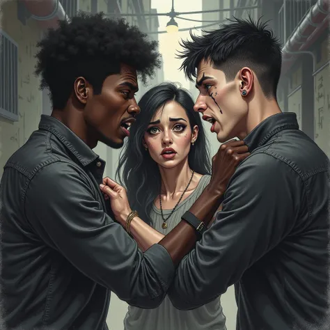 Create in a pencil drawing in color style a dramatic and emotionally charged image featuring Shawn, Faith, and Kenneth in a heated confrontation. Shawn, a young Black man with dark hair and a determined expression, is gripping Kenneth by the collar of his ...