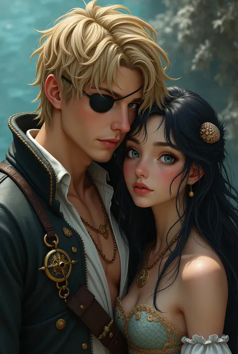  A pirate man with short blond hair ,  laid back ,  and a patch on one eye .  His open eye is light , , probably gray or blue.  The clothes are dark with white elements .  Next to him is a mermaid with long dark hair,  sweet face , big curious eyes .  Her ...