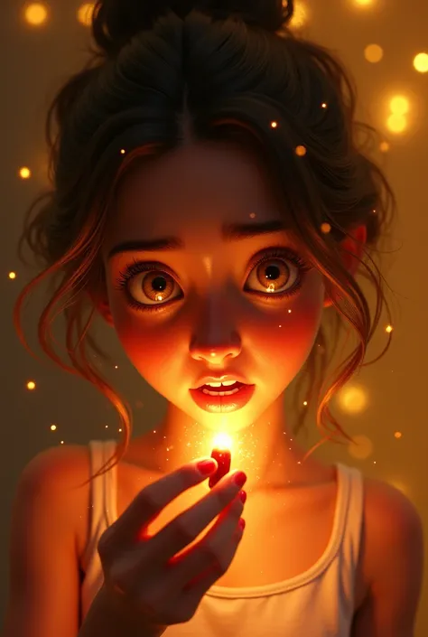 As the young woman brings the small red pill to her mouth, a swirling dark aura forms around her in exaggerated Pixar-style. The lighting flickers dramatically, with vibrant golden beams suddenly bursting into the scene, surrounding her in radiant light. T...