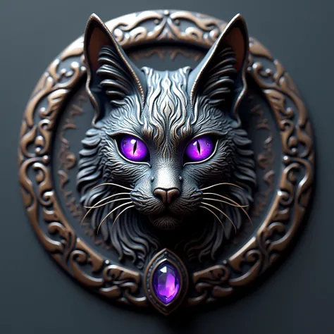 Badge, Damascus steel ,  with a cats head ,  purple stone eyes 