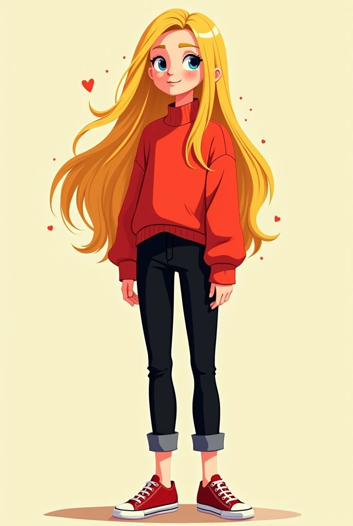  Blonde Long Hair , red jumper, black long pants,  full body,  cartoon style 