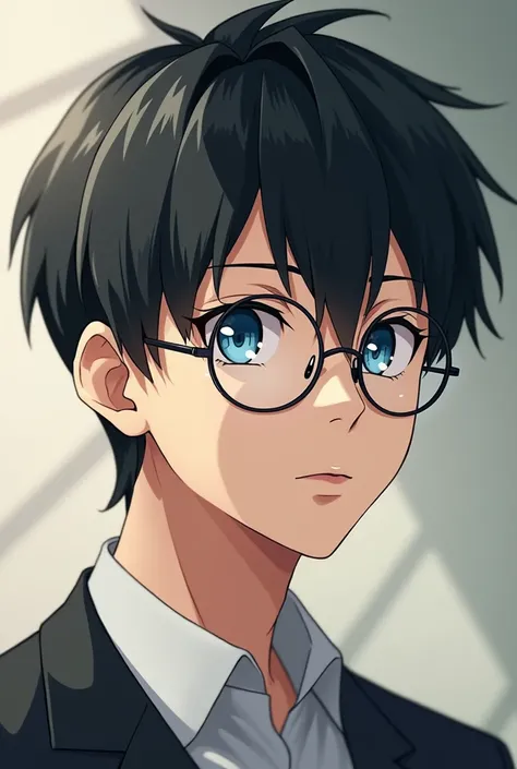  create a male character anime with black hair,  blue eyes, Using round glasses aged 18  