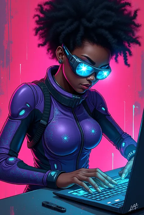 Heres a description of Lolas appearance:

Lola, aka "The Living 419", is a brilliant and elusive hacker with a bold, edgy style. Her hair is a vibrant, neon-bright afro, styled in a messy, spiky fashion that adds to her rebellious aura. Her eyes gleam with...