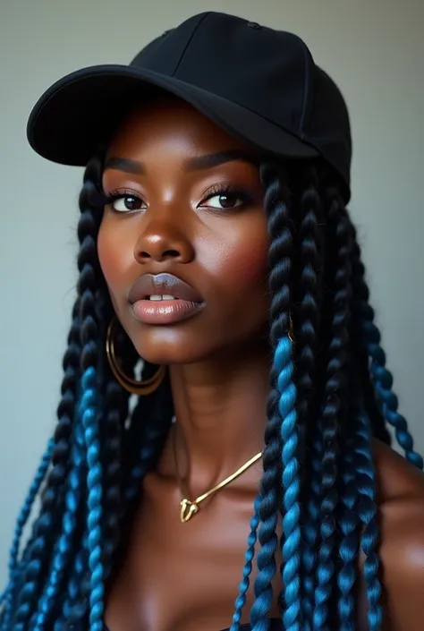 Femme noire avec des tresses bleu au bout de chaque tresse avec une casquette 