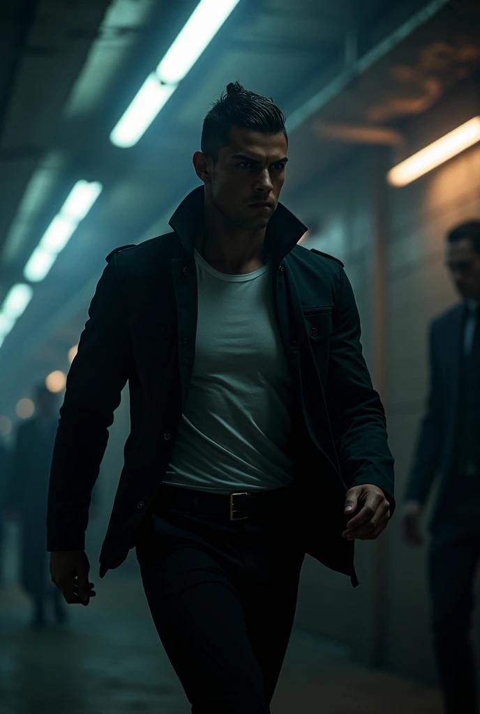 Ronaldo Infiltrates the Villains Hideout

Cristiano Ronaldo, wearing the same black jacket, white shirt, and black pants, sneaks into the villains hideout. His eyes are narrowed and focused, his jaw clenched in determination. He navigates through the shado...