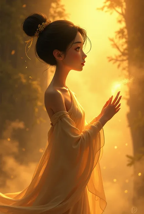 disney pixar style. An oriental woman, bela,  embracing her inner  , a frightened Oriental .   shrouded in a golden cloud of mystery.  contrast of light and shadow ,  past and future , wisdom 