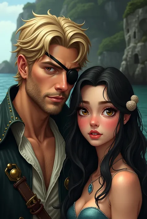  A pirate man with short blond hair ,  laid back ,  and a patch on one eye .  His open eye is light , , probably gray or blue.  The clothes are dark with white elements .  Next to him is a mermaid with long dark hair,  sweet face , big curious brown eyes. ...