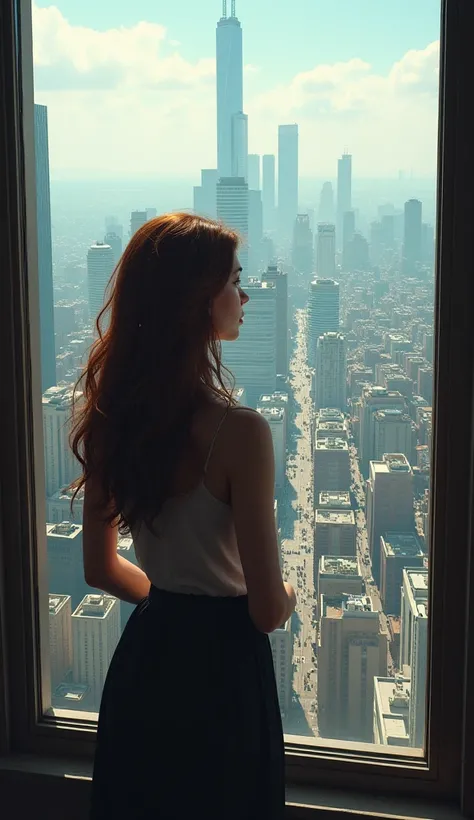  a brown-haired woman, In the background there are several buildings ,  and it is on top of another larger building looking out the window at the city