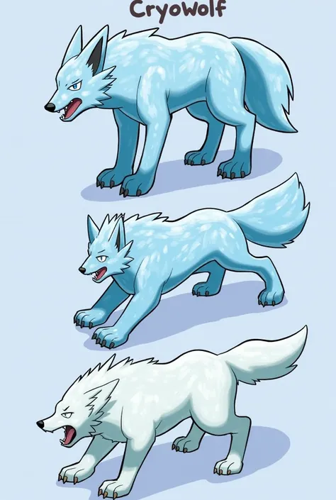 Here is the three-stage Pokémon evolution line with a **wolf**, **armor**, and **ice** theme, complete with names, descriptions, and concepts for each evolution stage:

---

### **1. Frostwolf (Basic Form)**  
- **Japanese Name**: フロストウルフ (*Furosutōru*)  
...