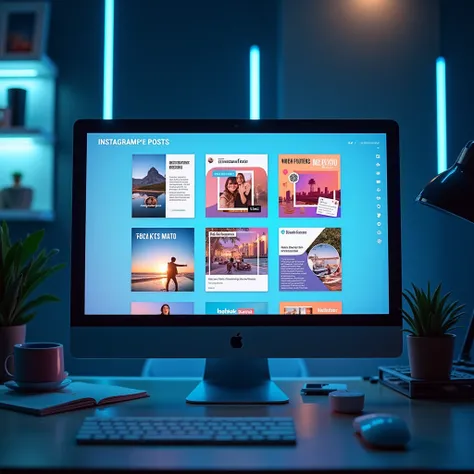 A modern computer screen displaying an interface where Instagram posts are being created automatically. The screen shows multiple completed post designs in a grid format, with colorful and visually appealing layouts, including images, text overlays, and ha...