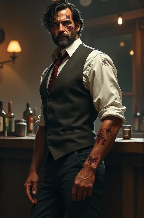  tall man with medium and messy black hair , And a thin beard .
 a scar on the left eye and the right side of the lip. and other scars scattered across the body .
a toned body.
 wearing a formal black bartender outfit half messy .
 in full body 