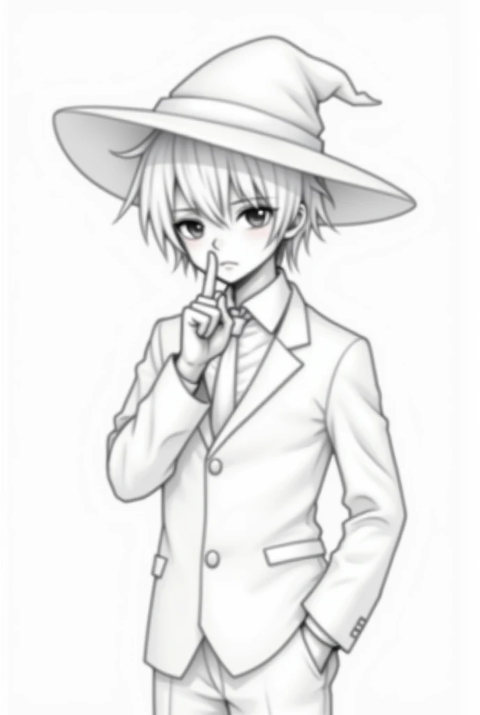 A sleeve-style drawing or sketch from the waist up of a 27 year old boy,  with white hair and that his hair covers his eyes and that his eyes cannot be seen, in white suit, t-shirt and tie , and on his head a white witchs hat ,  boy with one hand in front ...