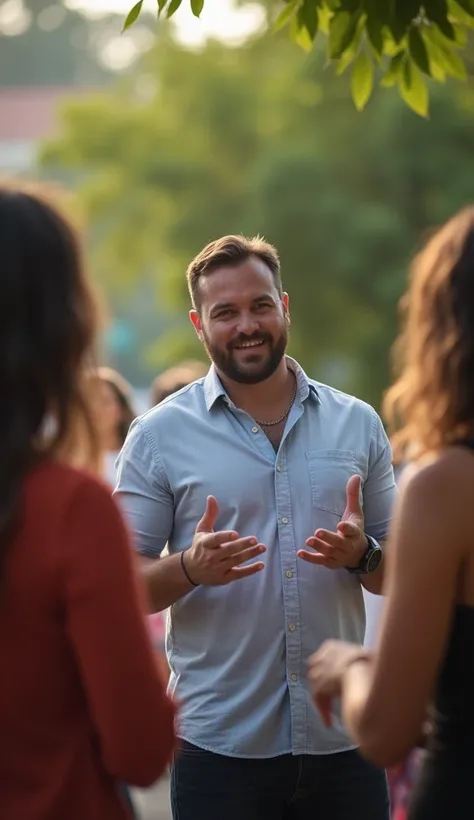 A man standing among a group of three women and one other man at an informal outdoor gathering, their faces subtly blurred or turned away. He is gesturing confidently while others are listening attentively, creating a dynamic and lively scene of connection...