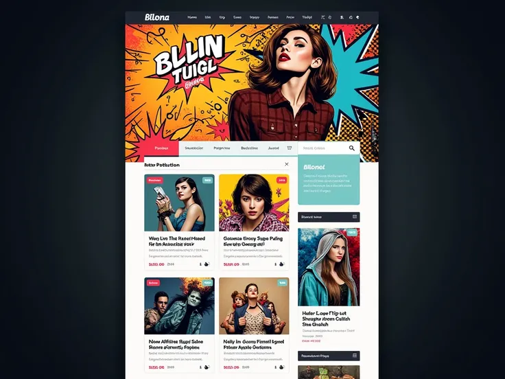 Comic book art-style A clean and modern blog layout showcasing articles with embedded affiliate links and product images. with a dark background