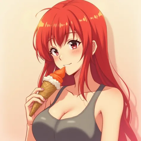 a photo of a woman with red hair and a gray top, seductive anime girl, biomechanical oppai, oppai, erza scarlet as a real person, attractive anime girl, rias gremory, with a large breasts, beautiful alluring anime woman, anime best girl, she has red hair, ...