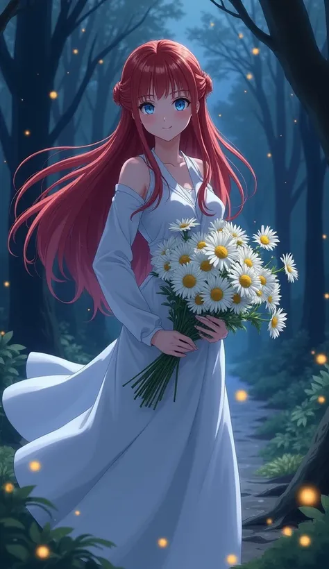     woman, long red hair, half-tied hair, strong body, navy blue eyes,  smile embarrassed , long white dress with a bouquet of daisy flowers in her hands, on a forest lit by fireflies at night  [[[  high quality ]]][[[ tall details ]]] Ultra HD,   High res...