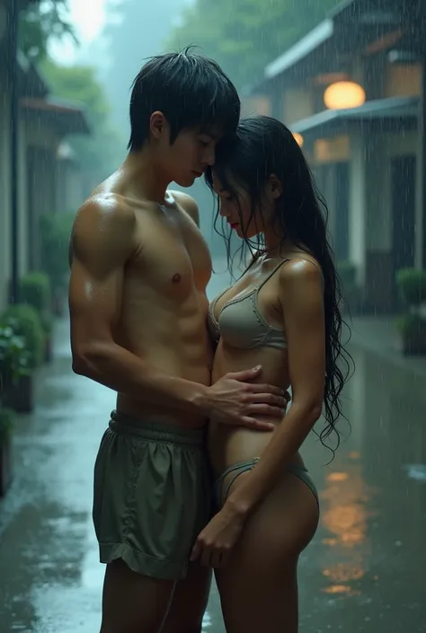 The young sweet Japanese girl, wearing a light beige thin transparent tight three-point underwear, is completely soaked by rain, the nipples are highlighted, the labia are highlighted, straddling the boys lap, the legs are separated forward, the boy hugs t...