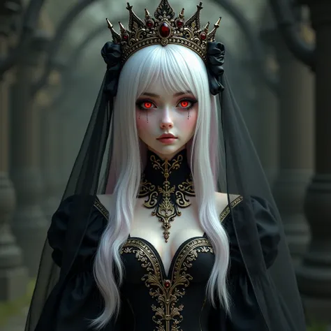  Girl in black gothic dress with gold details, She has a black veil in her hair , with a crown.  White hair with shades of pink ,  fair skin , and red eyes