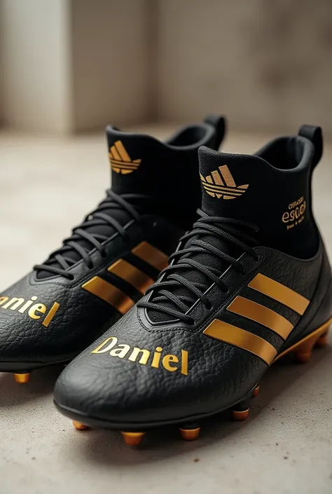 Realism of A pair of black and gold Adidas boots with the name Daniel Engravado 