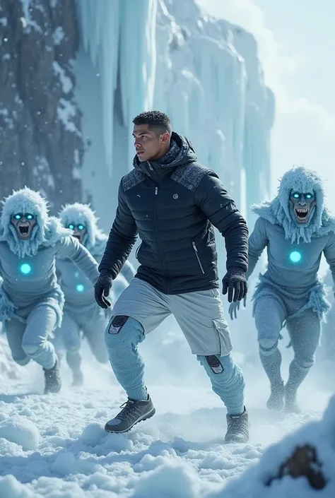 Ronaldo Fights Fierce Creatures

Cristiano Ronaldo, dressed in the black winter jacket, white snow pants, and magical boots, stands tall, fighting off fierce, icy creatures. His eyes are blazing with determination, and his face is set in a fierce expressio...