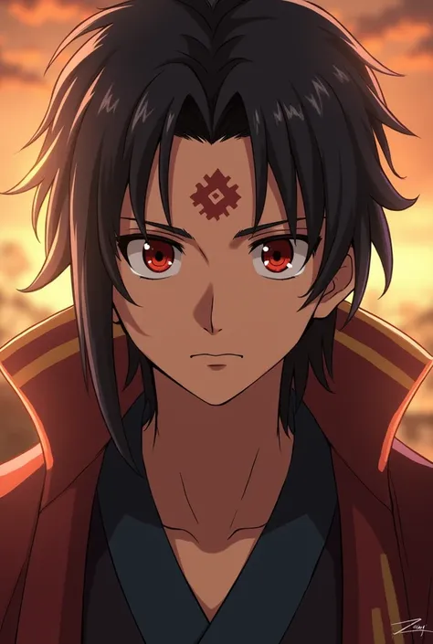 tanjiro kamado Eyes:  He has large dark red eyes , expressive and warm,  that reveal his compassionate nature and his unwavering determination .  His pupils are somewhat sharp ,  which gives her a distinctive touch .
marcas:  One of its most iconic feature...