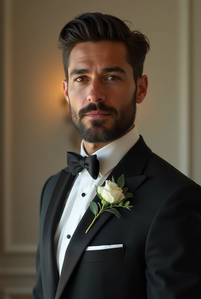 Handsome man with short beard in wedding suit