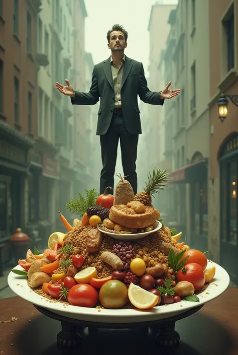 figure of a man standing on a plate of food served