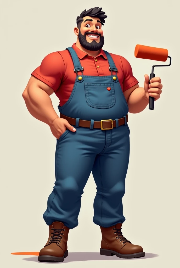 adult man, happy,  brown-eyed ,  dark haired , strong, short shirt in the color red  ,blue jumpsuit, brown boots, brown belt,  holding a paint roller, high-quality image, realistic,  full body .