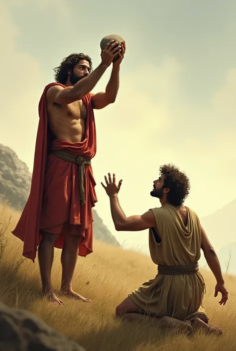  Create the image of two young men from the Old Testament  , Cain and Abel.   Cain is standing with a rock in his hands above his head to throw at his brother Abel .   Abel is kneeling on the ground and extending his arms in fear of being hit by the rock ....