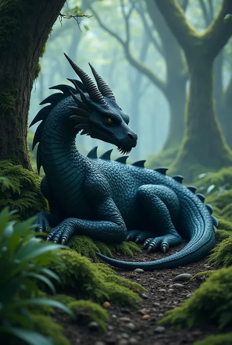 Sad dragon in a forest

