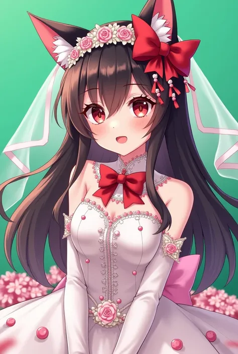 Vibrant and detailed anime-style illustration featuring a female character with cat-like features. She has long, dark hair adorned with red and pink accessories, including a large bow and various beads. Her eyes are large and glowing red,. She is wearing w...