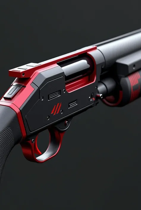 Futuristic 12 gauge shotgun, mainly black and red, square suppressor