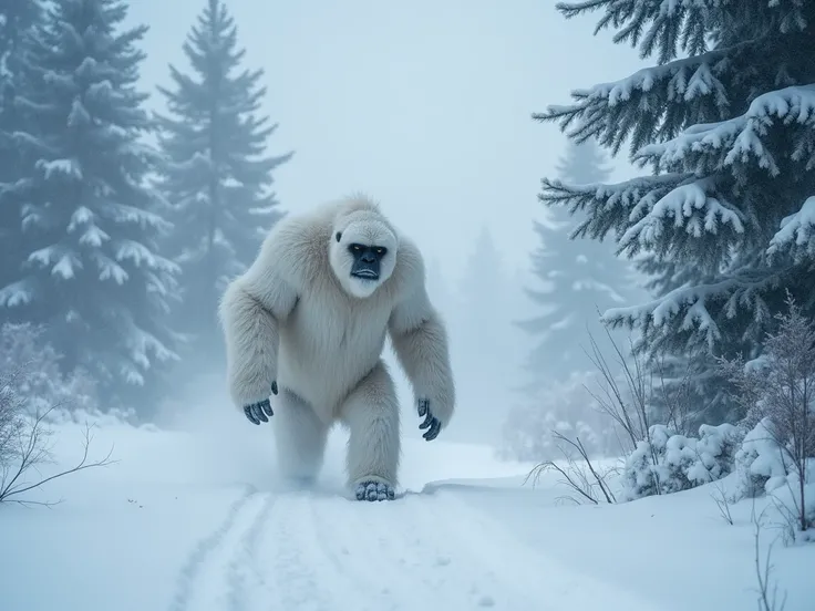 A blizzard engulfs the icy forest, making it nearly impossible to see. Amid the swirling snow and frost-covered trees, a large Yeti moves cautiously, hiding and blending into the forest as it tries to remain unseen