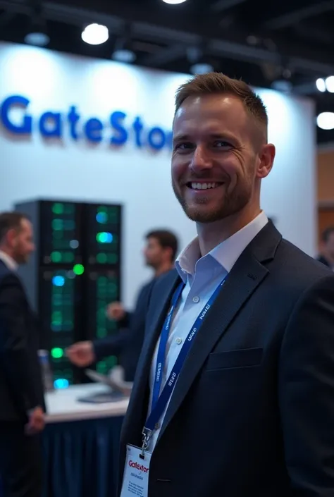 A close-up of 1 full body 6 ft tall  salesman at data storage conference at Booth with GateStor Global banner with Dark blue lettering on wall behind table that has demo GateStor data storage server with green and blue lights that is 2ft wide and 3ft long ...