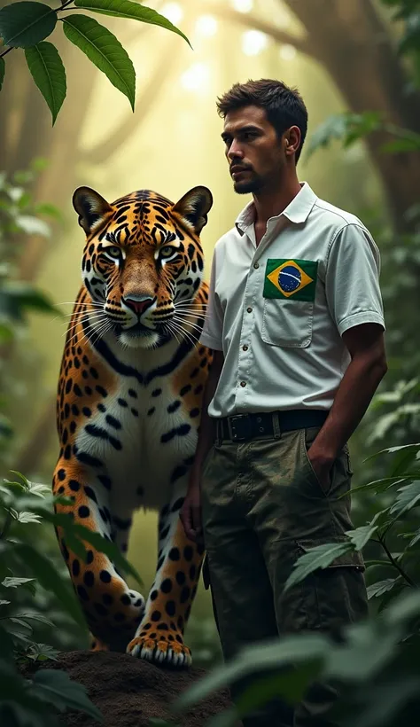 " A Brazilian soldier wearing a white shirt and a Brazilian flag on his chest,  wearing camouflaged pants . He is in a rainforest next to a 30-meter-tall giant jaguar with glowing eyes and detailed fur..  The scene has sunbeams crossing the dense vegetatio...