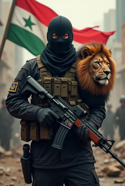 A masked soldier wearing a black dress carries the flag of the Syrian Arab Revolution and a weapon with a lion next to him