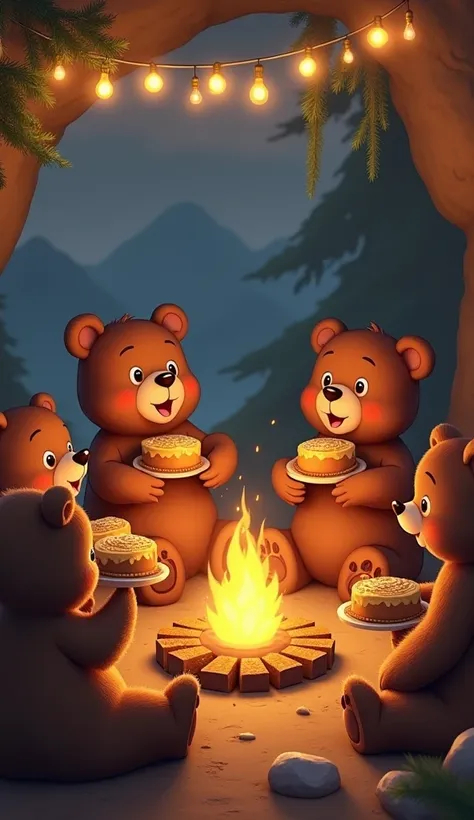 Bears	Sharing honey cakes around a bonfire	String lights, pine decorations	Mountain cave