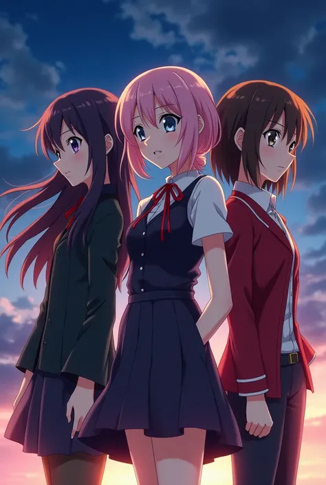 three anime characters are standing next to each other, sankakucomplex anime image, anime style like fate/stay night, official anime still, style of red line anime movie, still from tv anime, official fanart, visual novel key visual, visual novel cg, offic...