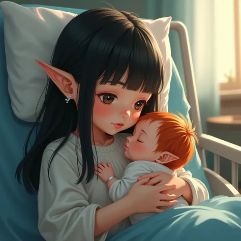  sitting in a hospital chair , A  girl round face sweet long straight black hair,parts,elf ears,Holds a red-haired baby ,  60k ultra vivid details mega realistic HDR 300DPI