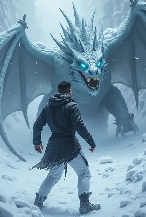 Ronaldo Fights Fierce dragon 

Cristiano Ronaldo, dressed in the black winter jacket, white snow pants, and magical boots, stands tall, fighting off fierce, icy creatures. His eyes are blazing with determination, and his face is set in a fierce expression....