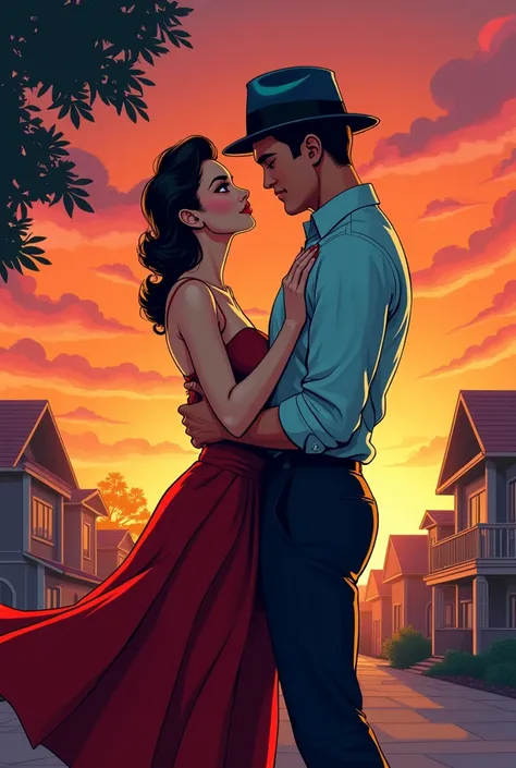 Create an image that looks like a 1950s comics  of a woman hugging a man with a sunset in the background. Colorful. With 1950s clothing and beauty styles.  