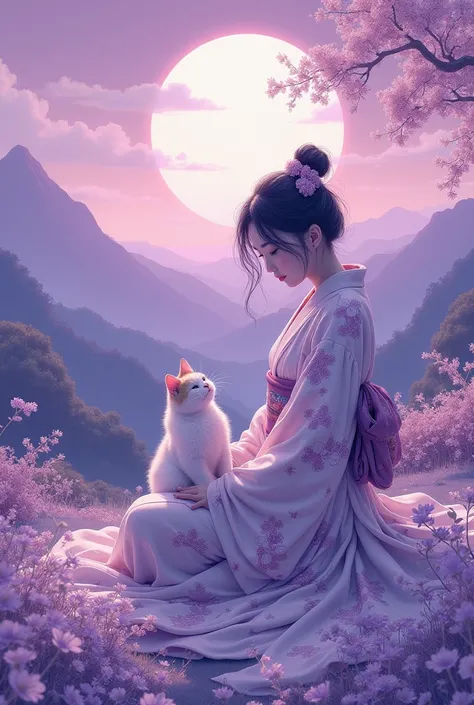 Japanese woman with a cat in a landscape with purple colors