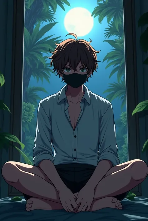 Anime boy with curly brown hair, wearing a white dress shirt with long sleeves and black boxer shorts with a black surgical mask sitting in an anime pose in front of a window with a rainforest landscape at night, realistic anime style in 3D, Ilya Kuvshinov...