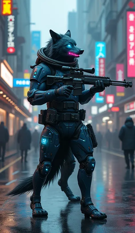 Ultra-realistic depiction of a humanoid wolf hybrid standing in a cyberpunk city street. The wolf has glowing blue cybernetic implants on its limbs and a mechanical jaw, wearing tactical armor with embedded neon lights. It holds a high-tech sniper rifle, s...