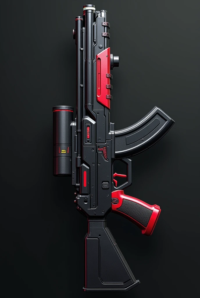 Futuristic 12 gauge shotgun, mainly black and red, drum magazine 