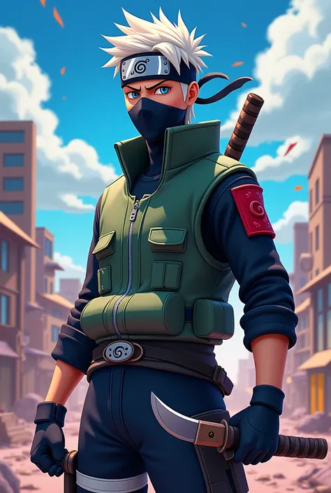 Generate Fortnite style illustration of Tadashi Hamada cosplaying Kakashi Hatake