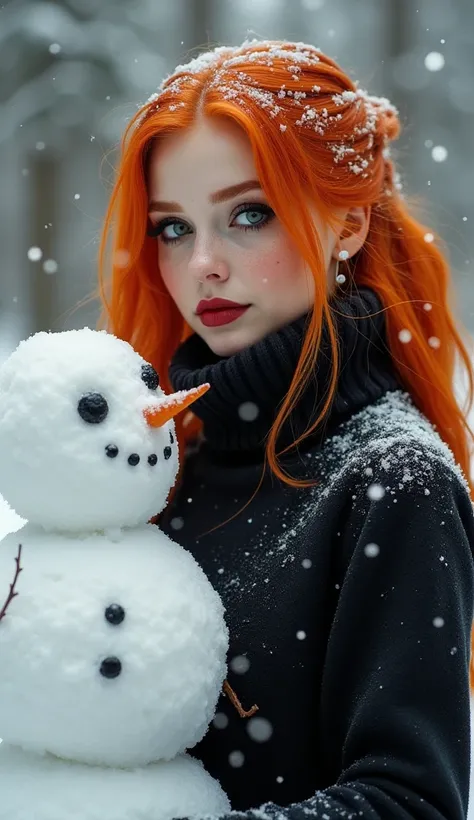 orange hair orange eyebrow freckled face green eye gothic woman low-cut curvy body aesthetic nose lip filler makeup piercing tall big breasts round face furry coat turtleneck sweater making a snowman in the home garden