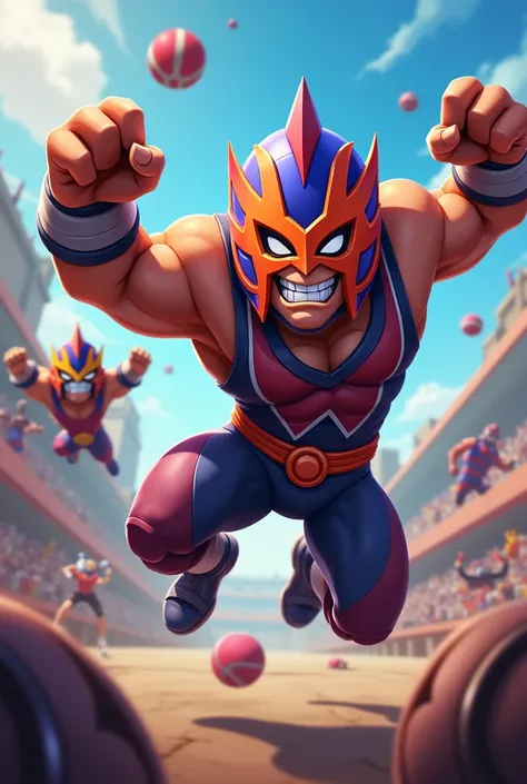 Masked wrestler from Brawl Stars playing ball he has hes jumping on enemies